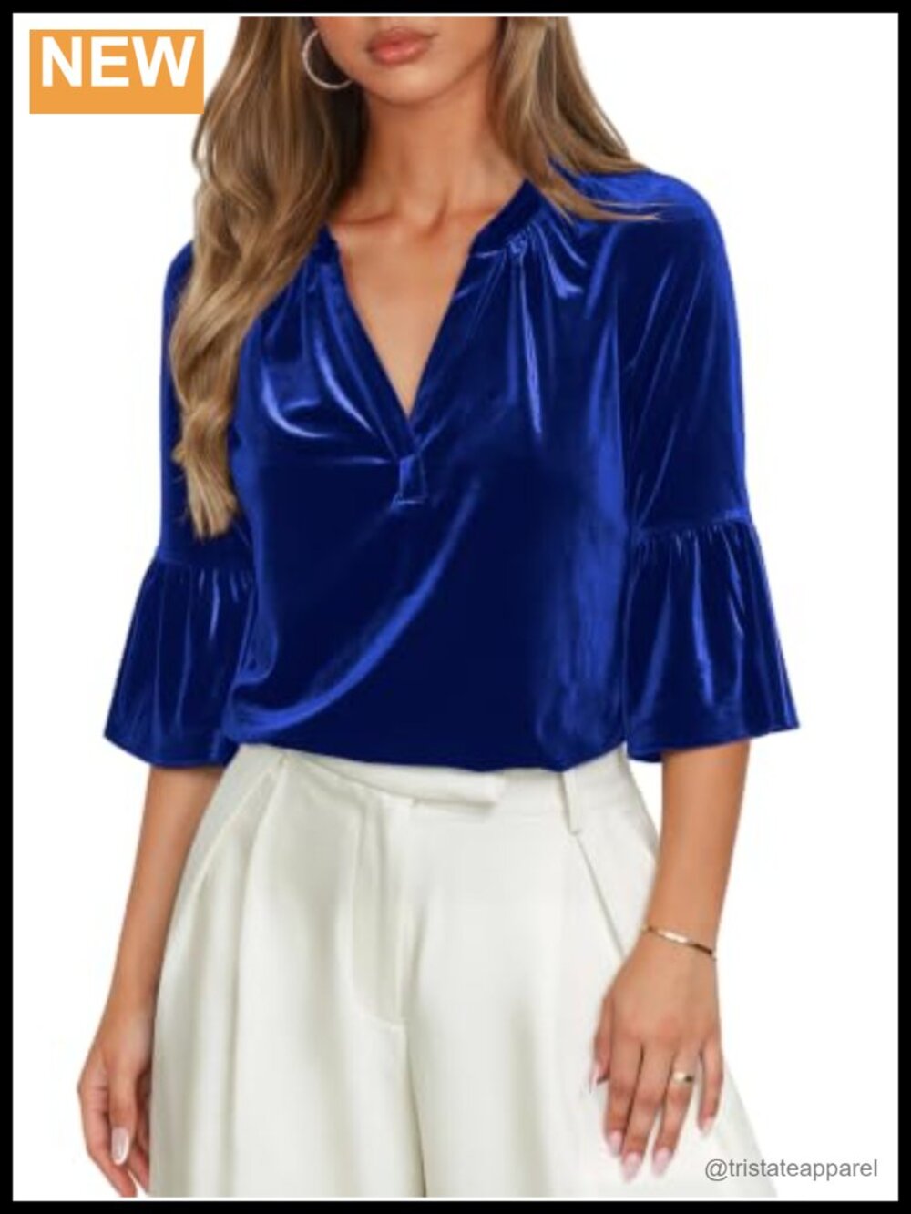 Women's Velvet Dressy Holiday Blouse V-Neck 3/4 Sleeve Ruched Bell Sleeve